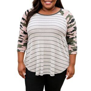 Maurices 24/7 Womens XXL Striped Top With Camo Raglan Sleeves Lightweight